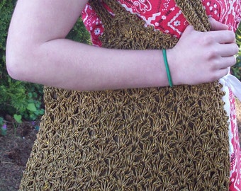 Brown and sparkly gold tote bag crochet with paper and lined in cotton