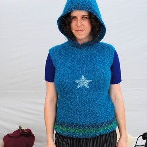 Sweater vest with hood and embroidered silver star in peacock blue ultramarine teal aqua mohair size medium or large image 2