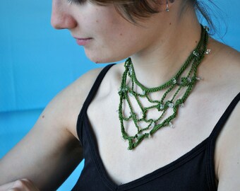 Green cotton and clear quartz bib necklace