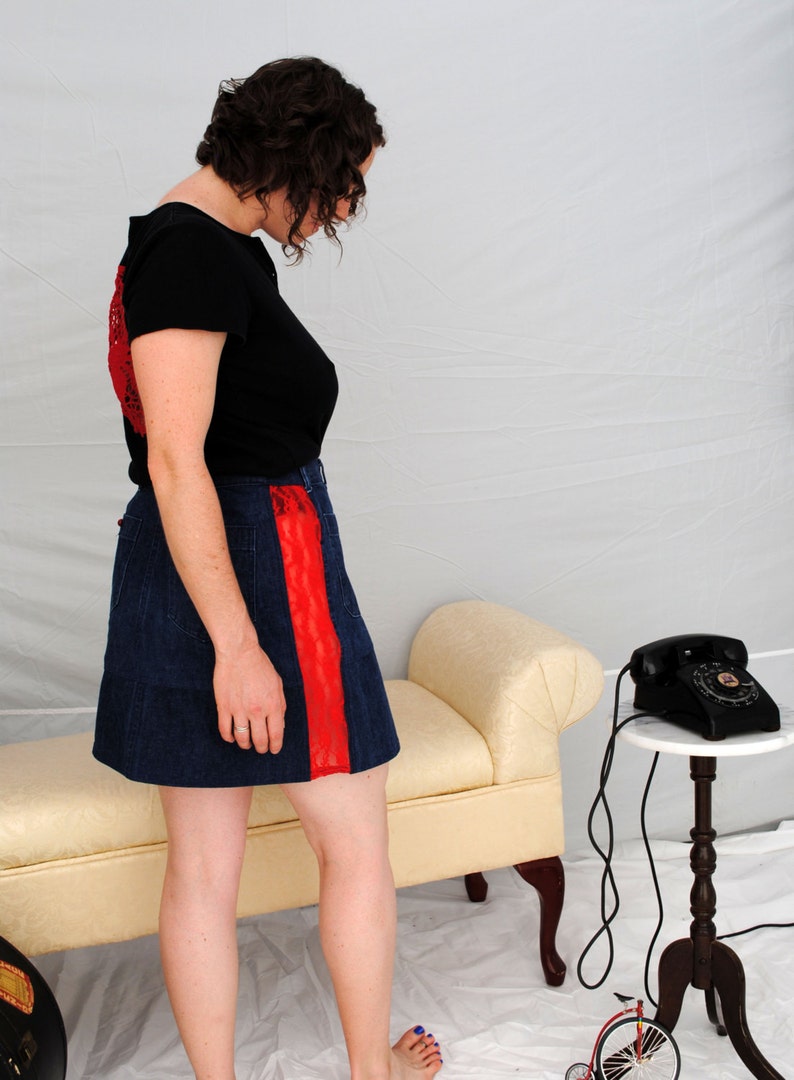 Blue denim Rockabilly skirt with revealing red lace panels medium large image 4