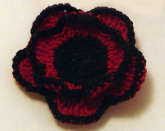 Black and red cotton Irish crochet rose pin brooch