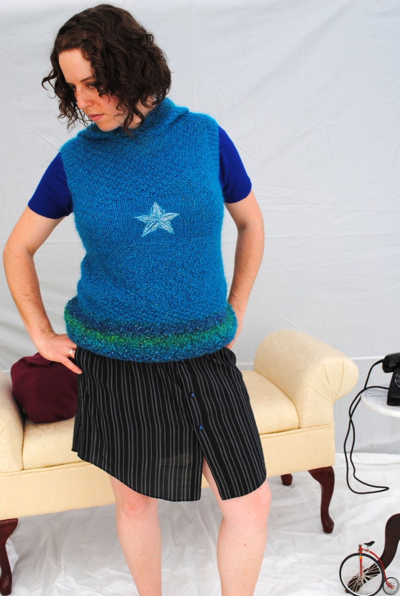 Sweater vest with hood and embroidered silver star in peacock blue ultramarine teal aqua mohair size medium or large image 1