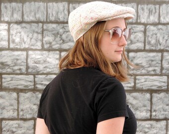 Upcycled flat cap classic hat in pastel pink and yellow silk wool blend tweed