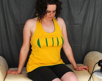 Upcycled t-shirt halter top in green and yellow cotton jersey, size large to plus size, one of a kind