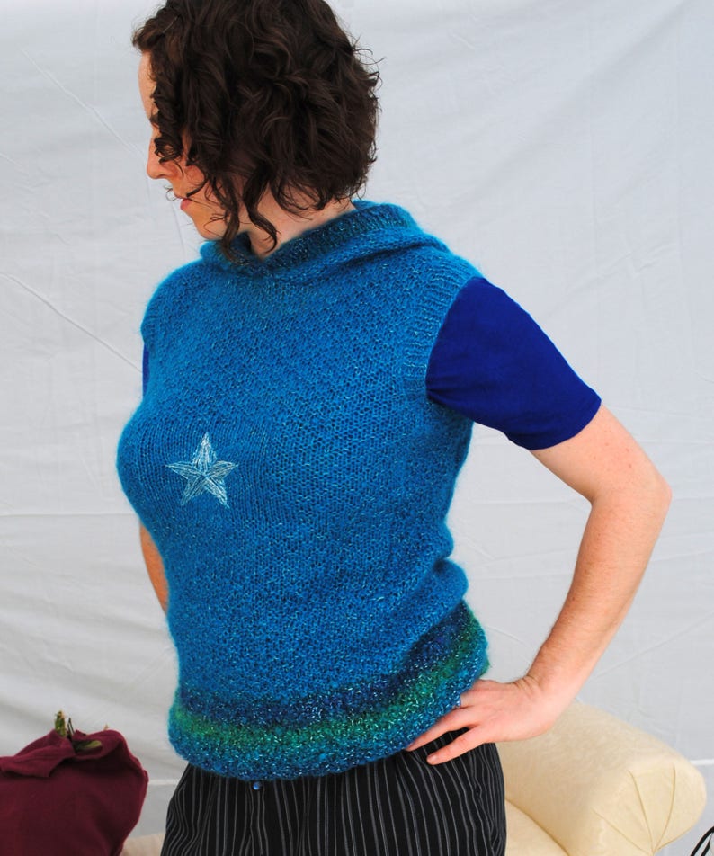 Sweater vest with hood and embroidered silver star in peacock blue ultramarine teal aqua mohair size medium or large image 3