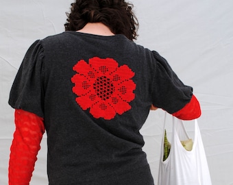 Upcycled cotton cardigan sweater in gray and red with crochet applique and lace size extra large