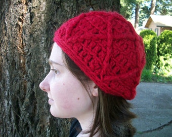 Bright red wool beanie with textured design