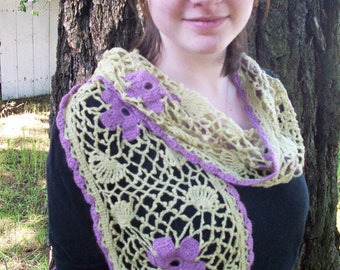 Chartreuse and lilac Irish crochet scarf