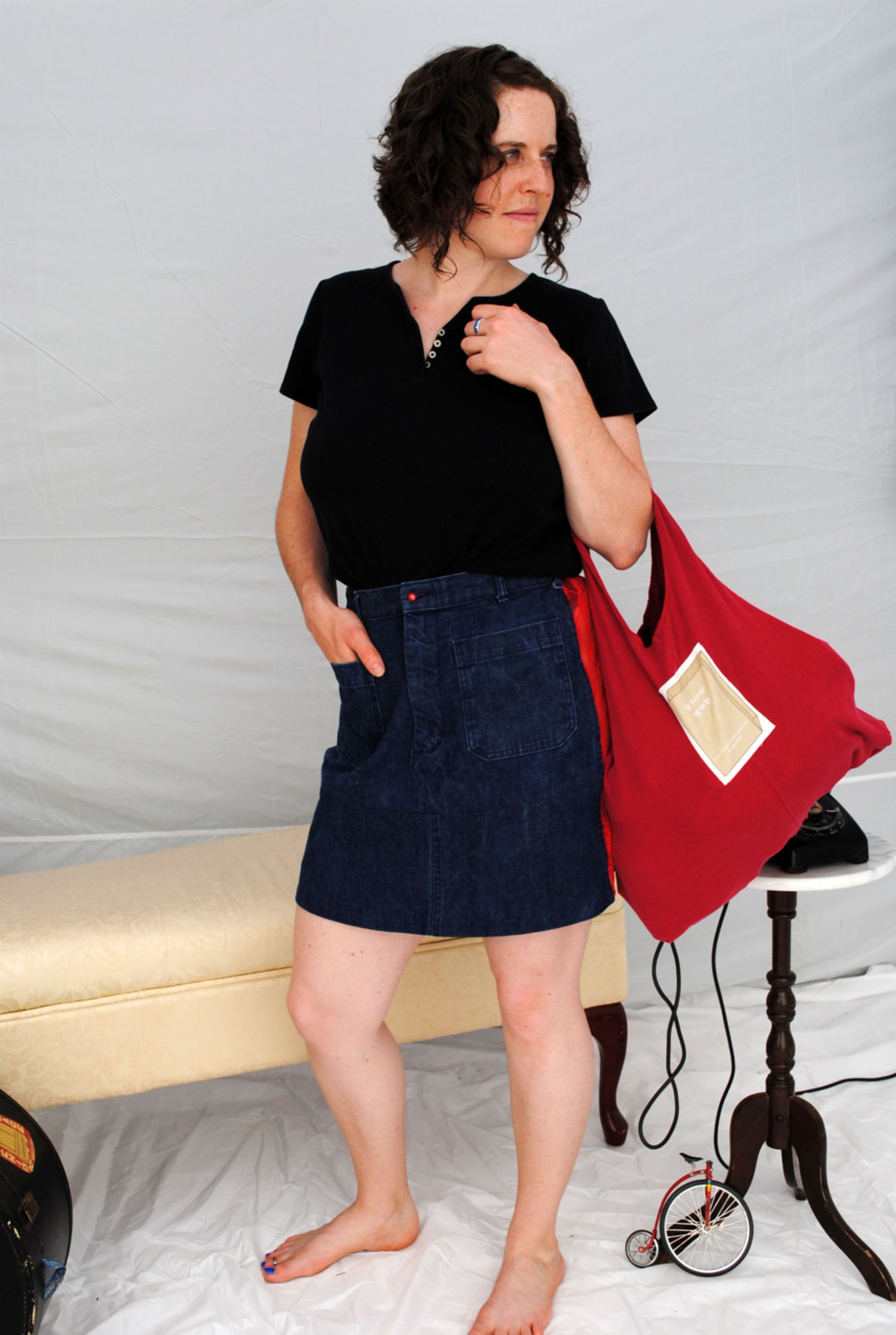 Blue Denim Rockabilly Skirt With Revealing Red Lace Panels - Etsy