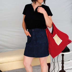 Blue denim Rockabilly skirt with revealing red lace panels medium large image 2