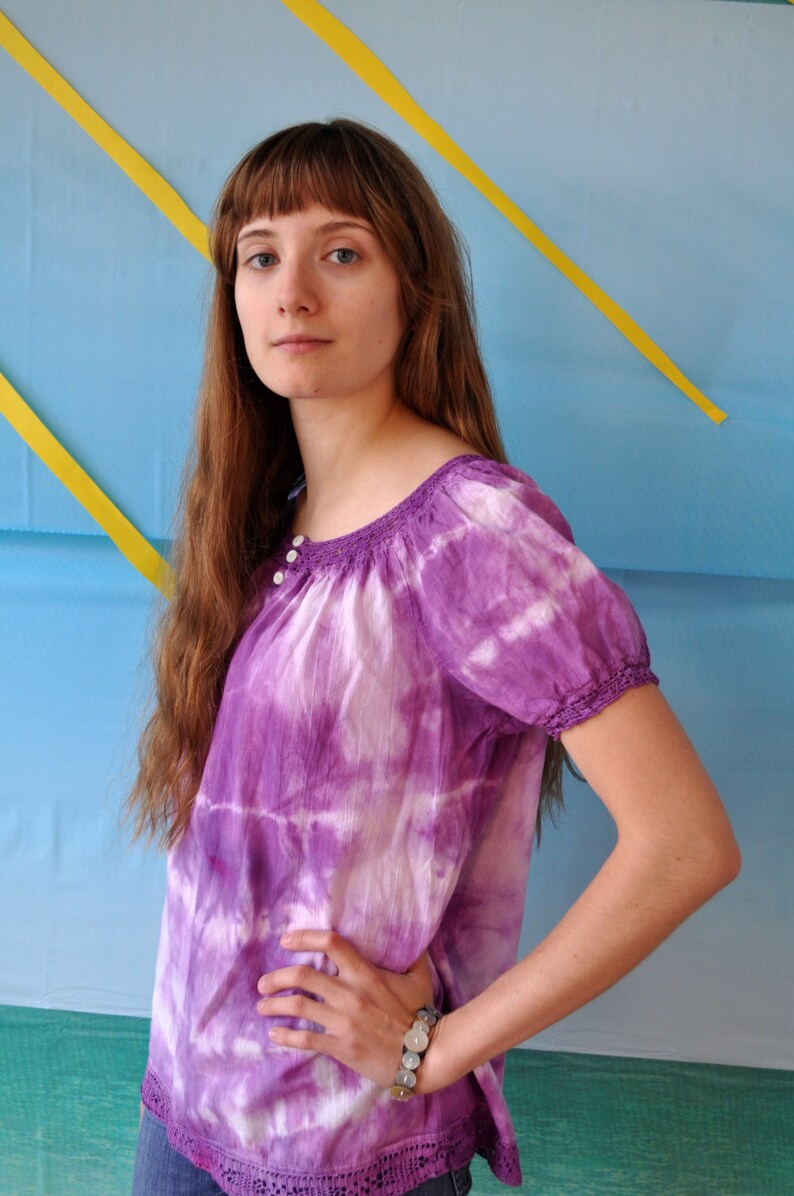 Purple Tiedye Peasant Blouse With Short Sleeves and Crocheted Lace