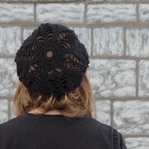 Black cotton handmade crochet lace tam size large image 3
