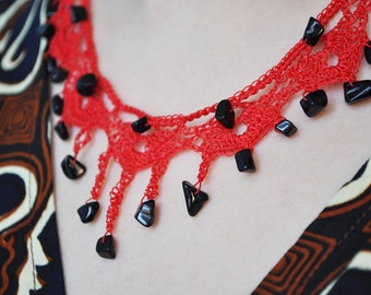 Vibrant red nylon crocheted lace and black jet necklace