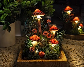 Lampka nocna Cottagecore Mushroom, wystrój natury, ręcznie robiona lampa Mushroom, wystrój baru, prezent na parapetówkę