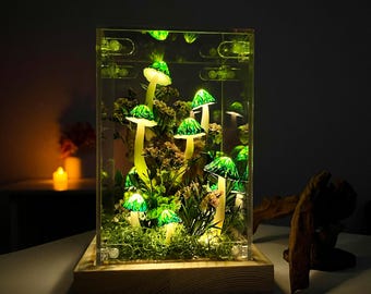 Ręcznie robiona lampka nocna w kształcie grzyba | Dekoracja z prawdziwych kwiatów | Miniaturowa lampa do roślin | Drewniana dekoracja krajobrazu | Dekoracja z drewna | Idealny prezent