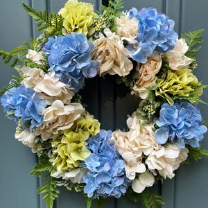 Hydrangea Summer Wreath: White Roses, Fern, Grapevine Base