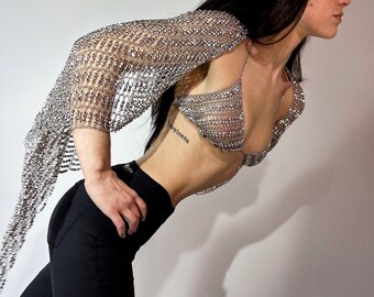 Chainmail Top and Sleeves – Stainless Steel Acrylic Beaded Couture Festival Outfit
