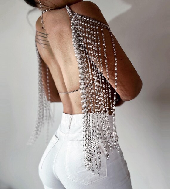 Couture Pearl Beaded Chainmail Top & Sleeves - Handcrafted  display picture 3