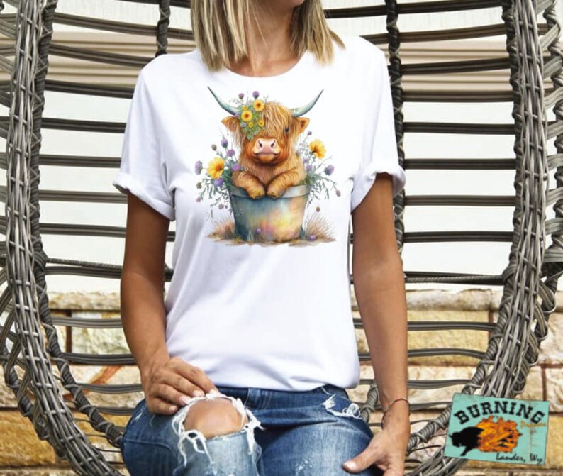 Flower Pot Highland Cow DTF Transfer Etsy Australia