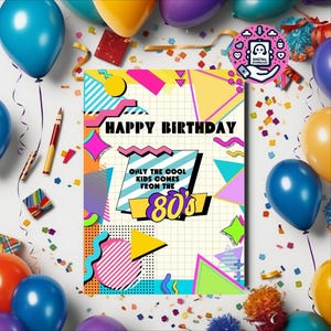 Carte d'anniversaire des années 80, rétro, carte de voeux, téléchargement numérique, joyeux anniversaire, coloré, étiquettes de vin, étiquettes, carte d'anniversaire, carte amusante, mode des années 80