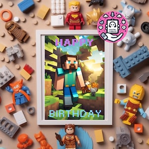 Minecraft, cartão minecraft, download digital, Steve, Steve minecraft, verde, cartão de felicitações, feliz aniversário, cartão legal, cartão fofo, fazenda minecraft