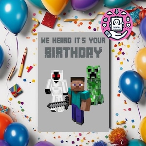 Cartão de aniversário do Minecraft, Minecraft, download digital, Steve, creeper, esqueleto, cartão de felicitações, feliz aniversário, cartão legal, crianças