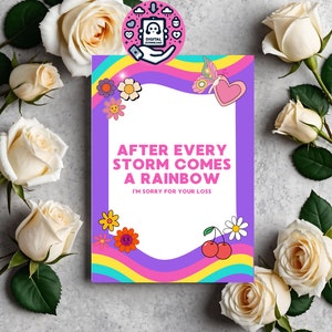 Carte de condoléances colorée, jolie carte, carte de voeux, arc-en-ciel, jolie carte de condoléances, fleurs, cerise, coeur, papillon, téléchargement numérique