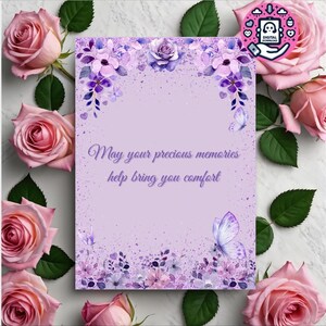 Carte de condoléances violette, fleur, souvenirs, bons souvenirs, paillettes, papillons, téléchargement numérique, carte de voeux, carte de deuil, carte mignonne