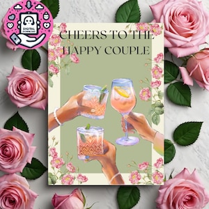 Cheers to the happy couple, wedding card, digital download, congratulations, cheers, flowers, cute card, greeting card, card for wedding