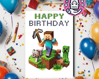 Minecraft birthday card, minecraft, digital download, Steve, creeper, Steve minecraft, greeting card, happy birthday, cool card, kids