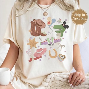 Retro Toy Story Comfort Color Shirt, Woody Buzz Jessie Tee, Pixar Character Badge Tee, Cute Disney Toy Shirt, Disney Family Trip 2025 Shirts