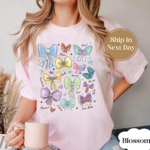 Retro Coquette Bows Watercolor Disney Princess Shirt, Disney Aurora Ariel Belle Cinderella Tiana Shirt, Magic Kingdom Disneyland Girl Trip