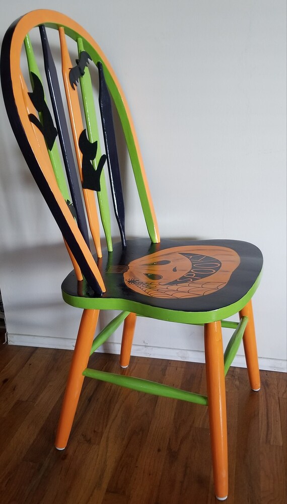 Decorated Halloween Spooky Pumpkin Chair With Bat and Cat