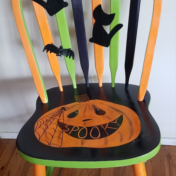 Decorated Halloween Spooky Pumpkin Chair with Bat and Cat Silhouettes Recycled/Repurposed Furniture FREE SHIPPING