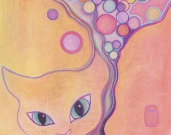 May include: A colorful abstract painting with a cat's face peeking out from the bottom. The painting features a variety of circles in shades of pink, purple, orange, and blue.