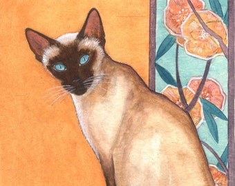 May include: Watercolor painting of a Siamese cat with blue eyes, brown face and ears, and a cream-colored body. The cat is sitting on a dark surface with an orange background. Floral accents are visible on the right side of the image.