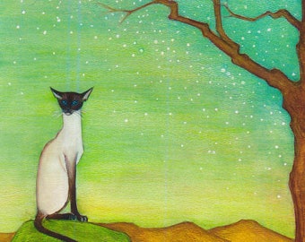 May include: A white Siamese cat with blue eyes sits on a green hill under a brown tree with a green and blue sky with white dots. There are white mushrooms growing on the hill.
