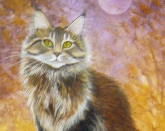 May include: A detailed painting of a long-haired cat with yellow eyes, set against a backdrop of warm golden and purple hues. The cat is brown and gray with a fluffy tail, and a full moon is visible in the background.