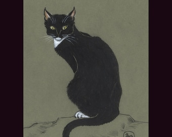 Cat Art Print, Tuxedo cat, black and white, Le Chat en Vert