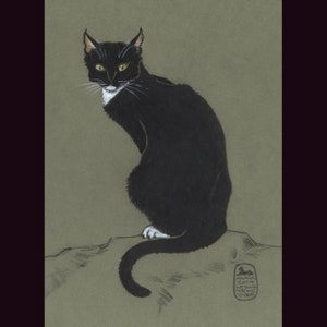 Cat Art Print, Tuxedo cat, black and white, Le Chat en Vert