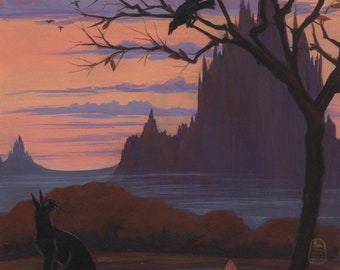 May include: An illustration of a black cat sitting in a field, gazing upwards. A crow perches on a tree branch, with a castle silhouette in the background. The sky is a blend of orange, pink, and purple hues.