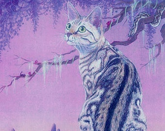 May include: A detailed illustration of a tabby cat with green eyes, sitting on a purple wall. The cat is looking up, with a snake in a tree branch above. The background is a soft purple with hanging moss and stylized plants.