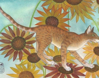 May include: A brown tabby cat with white paws walks through a field of sunflowers. The sunflowers are in various shades of yellow, orange, and brown. The background is a light blue.