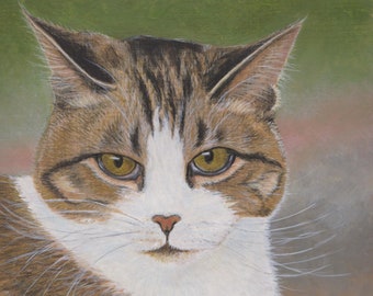 May include: A close-up portrait of a tabby cat with white markings. The cat has green eyes and is looking directly at the viewer. The cat's fur is brown, black, and white. The background is a blurred green and brown.