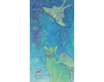 Luna Moth Cat art print cat and luna moth in garden