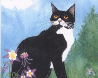 May include: A black and white cat with orange eyes sits on a rock with purple wildflowers in the foreground. The cat is looking to the right of the image.