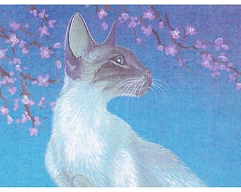 Siamese cat under cherry blossoms, cat art print of my original painting