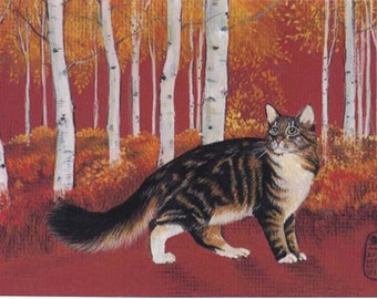 May include: A tabby cat with white markings stands in a birch forest with red and orange leaves on the ground. The cat is looking to the left of the image.