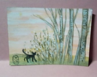 ACEO original painting, black cat, pussy-willows and trees
