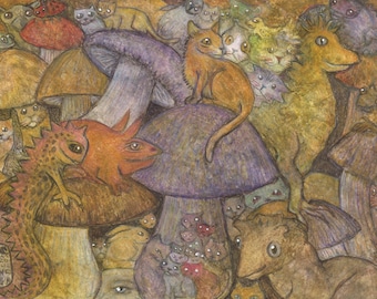 May include: A whimsical illustration featuring a variety of mushrooms, cats, and other creatures. The mushrooms are depicted in various sizes and colors, with some having purple caps and others having brown caps. The cats are depicted in a variety of poses, some sitting, some standing, and some looking up. The other creatures include a lizard, a bird, and a small, furry animal. The illustration is done in a cartoon style and has a whimsical feel.